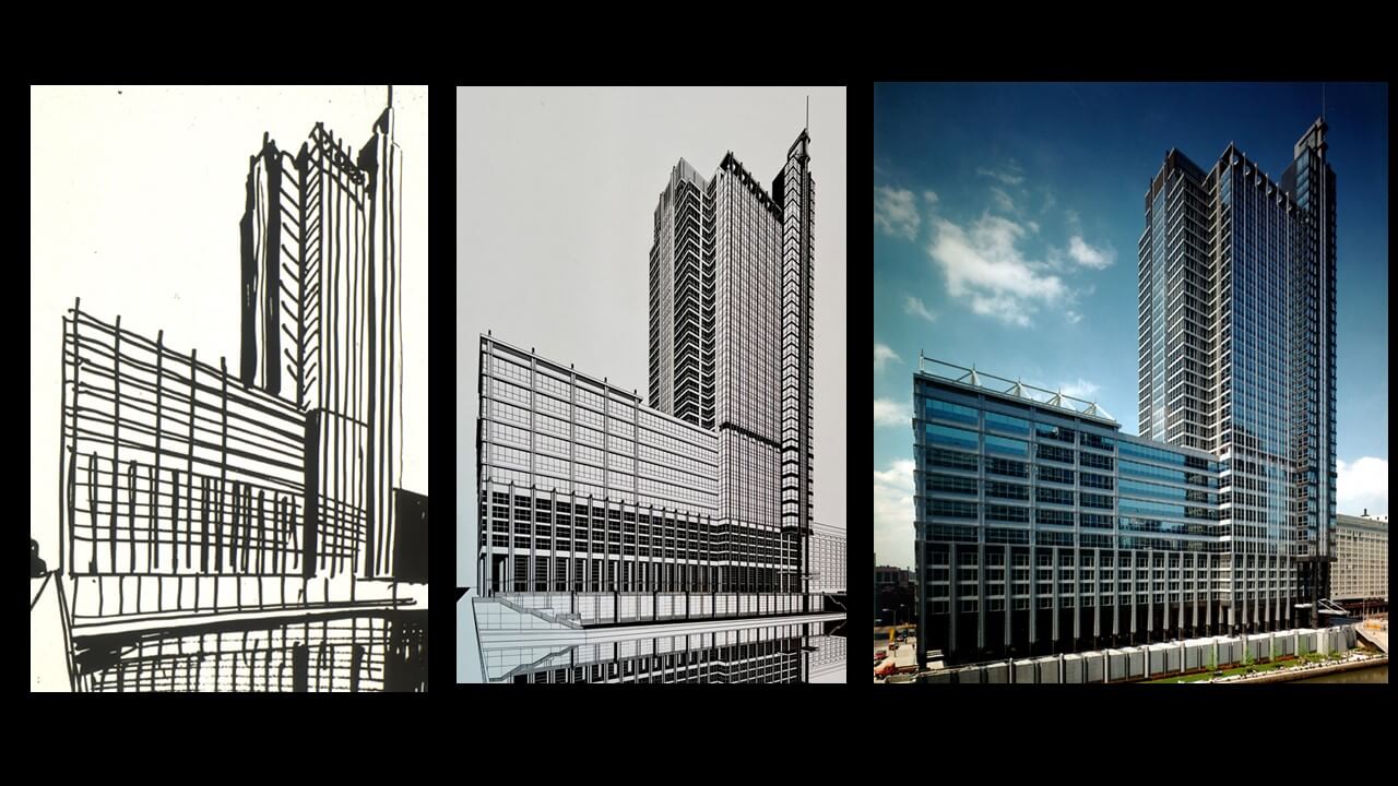 Ink perspective sketch, hardline rendering, and photograph of completed Boeing Building, 100 North Riverside