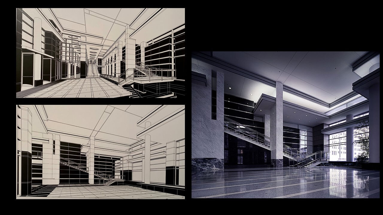 Hardline renderings and photograph of interior, completed Boeing Building (100 North Riverside)