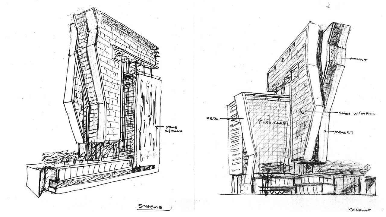Two black and white sketches of scheme options for the King Abdullah Financial District, Parcel 4.10 Development in Riyadh, Saudi Arabia