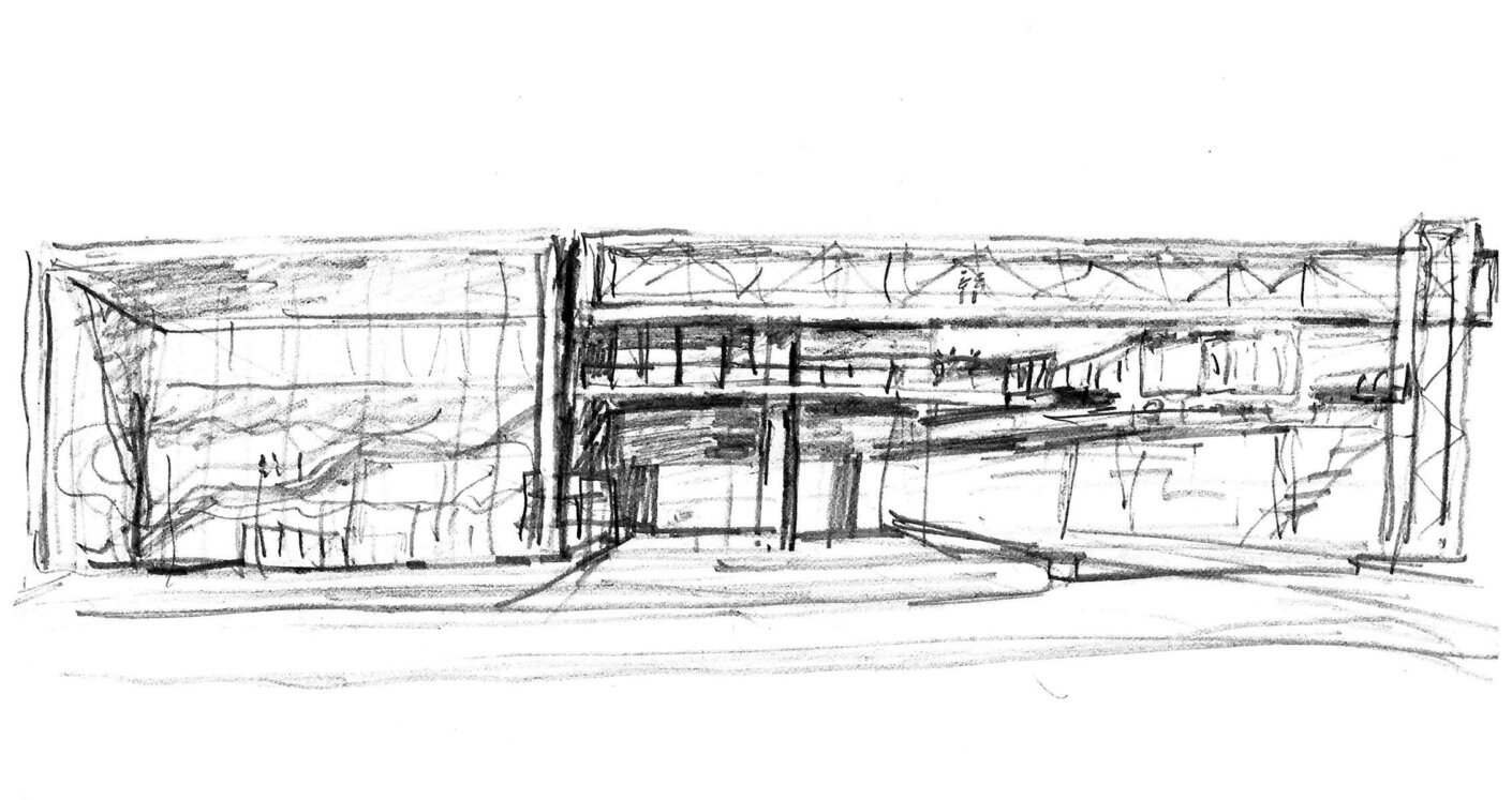Black and white ink sketch, Damen Green Line CTA Station