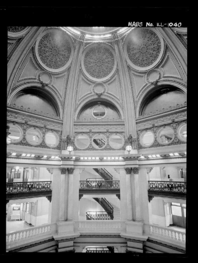 Black and white photograph of the dome interior of the old Chicago post office