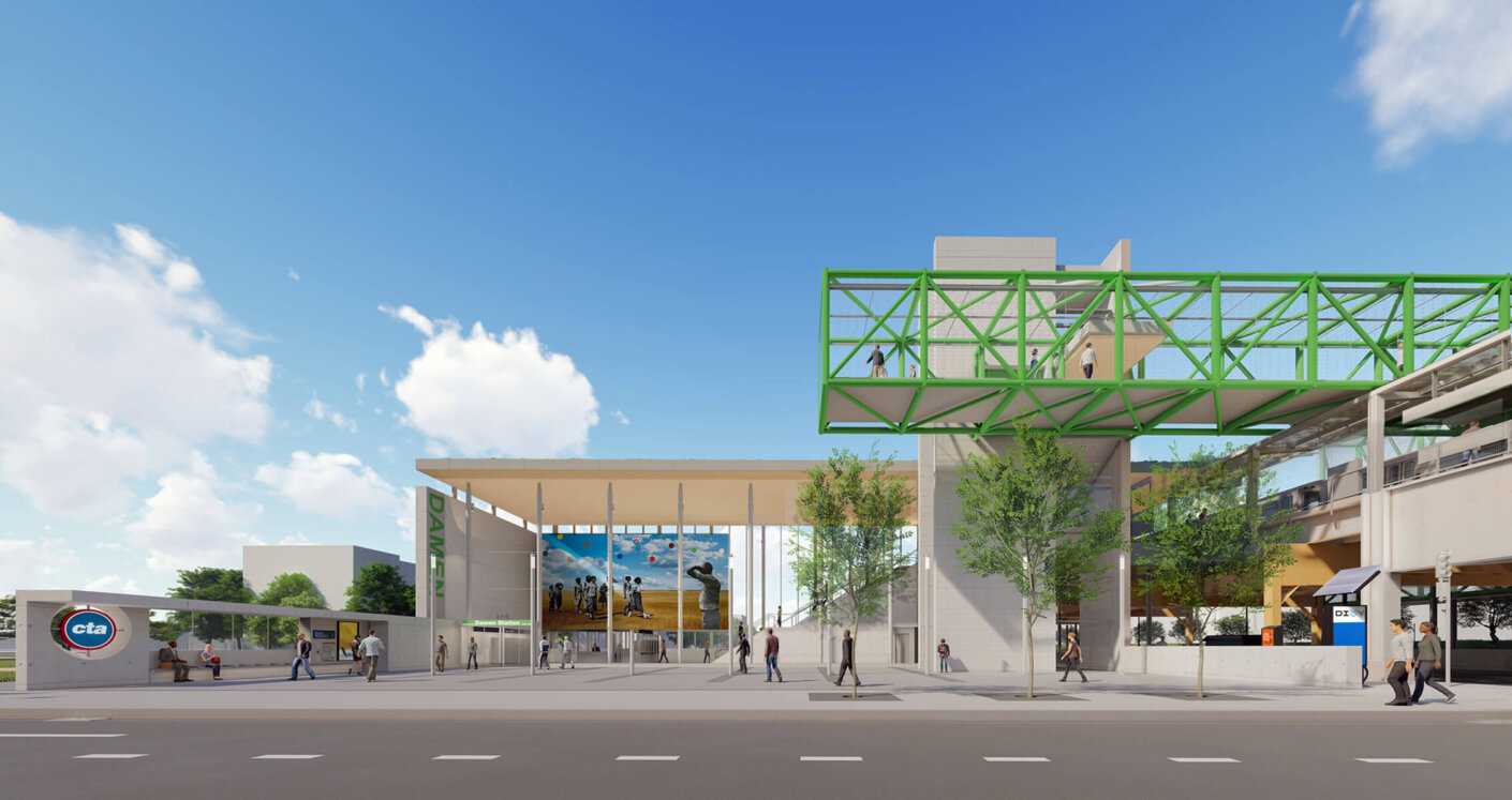 Color rendering of east elevation view of Damen Green Line CTA Station design