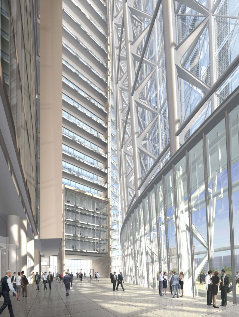 Interior rendering of the atrium in the unbuilt Federal Courthouse in LA