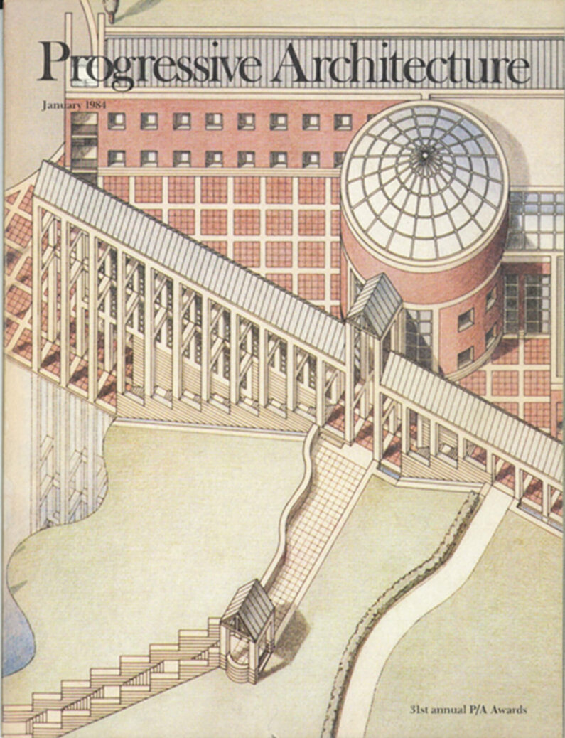 Colored pencil sketch on cover of Progressive Architecture 1986