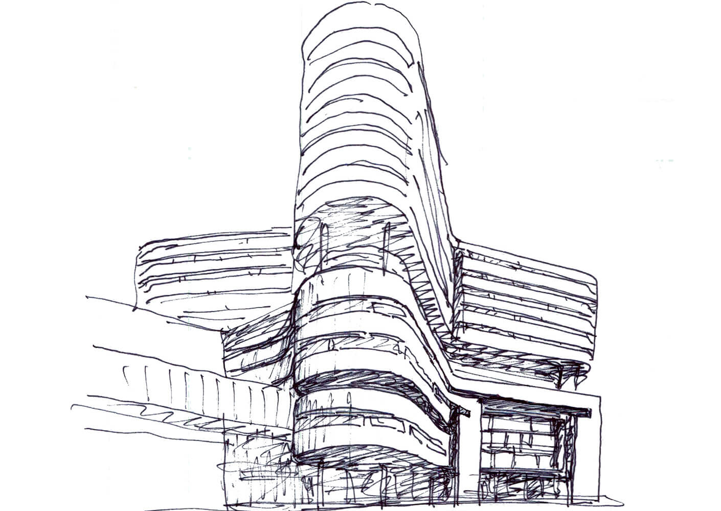 Black ink on white paper sketch of Rush University Medical Center butterfly tower from the urban campus side of building