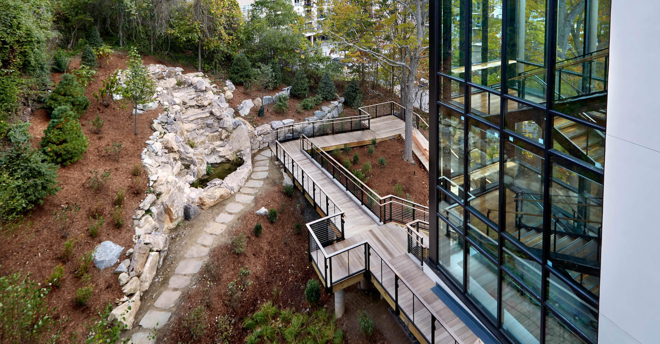 Photo of ADA-accessible boardwalk and forest paths at a sustainable corporate headquarters