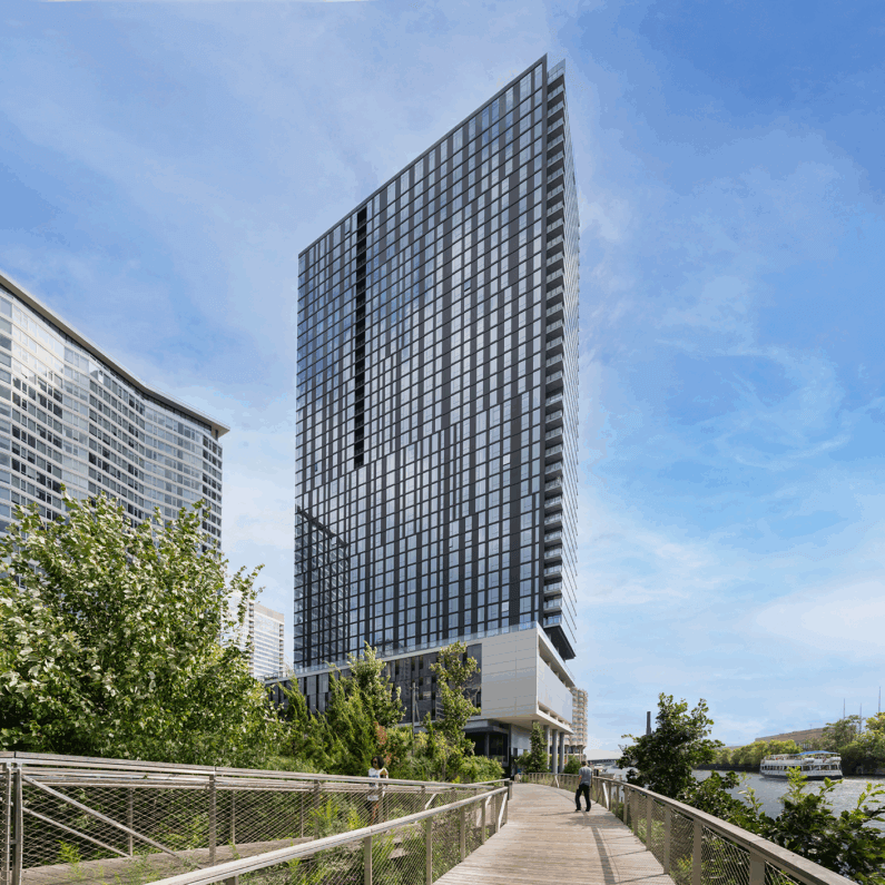 Exterior view of residential building from Chicago Riverwalk