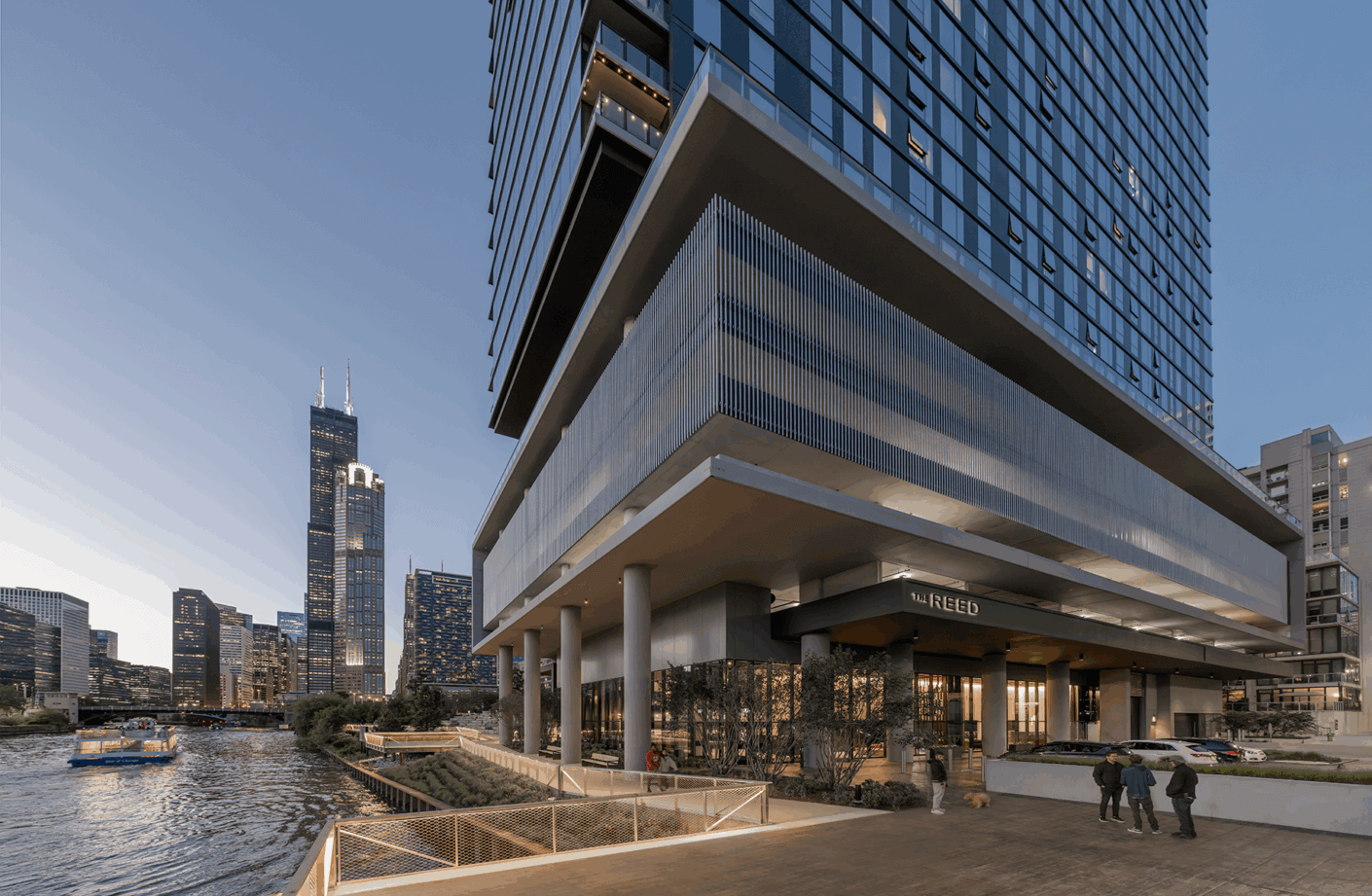 Dusk view of residential lobby with view of Chicago River