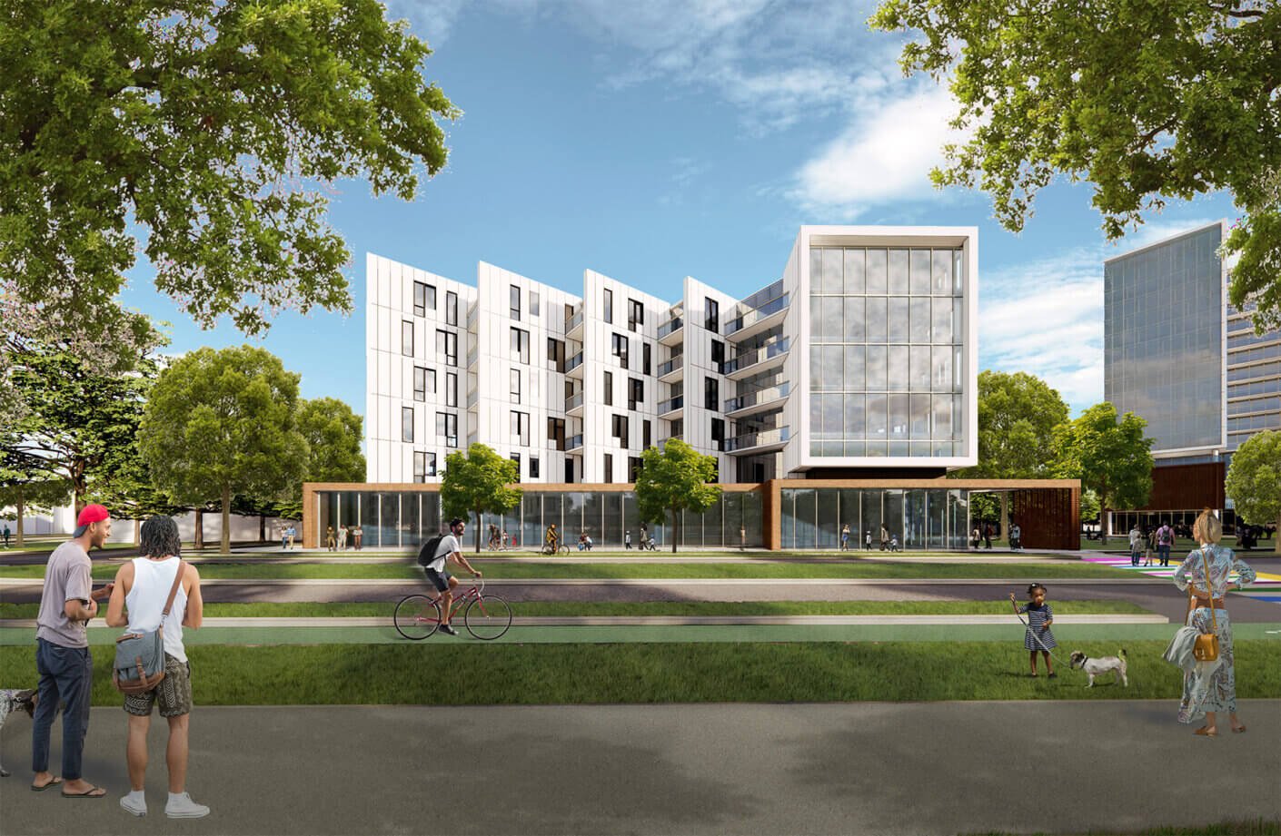 Modern residential building with greenery, pedestrians, and cyclists in an urban setting.