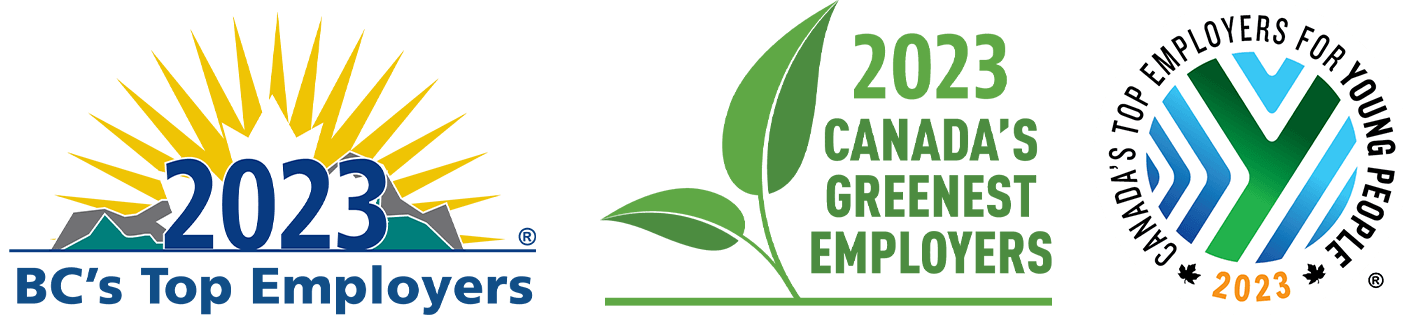Logos for BC's Top Employer 2023, Canada's Greenest Employer 2023, and Canada's Top Employer for Young People 2023