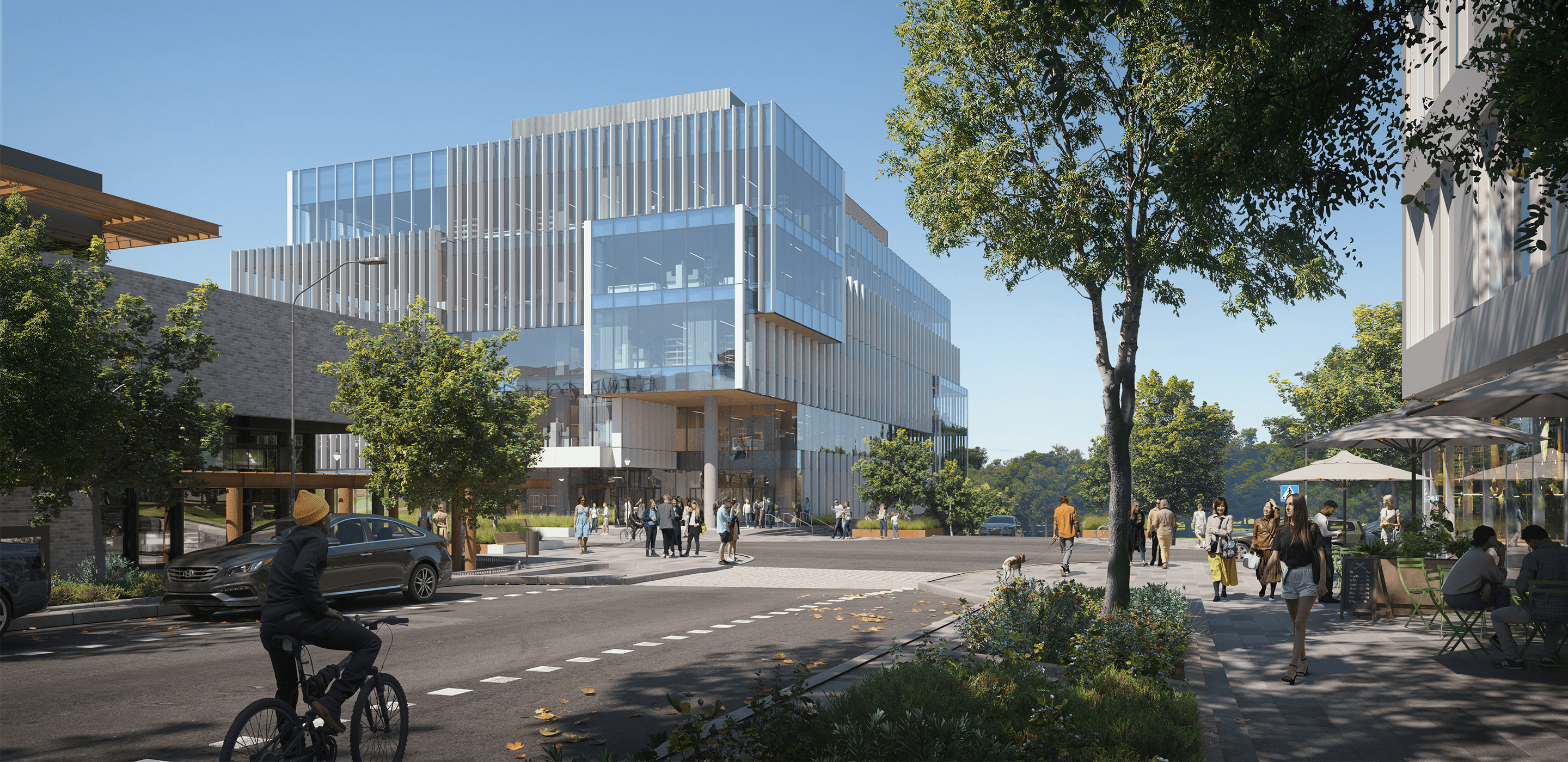 Rendering of multi-story research lab on busy urban street corner