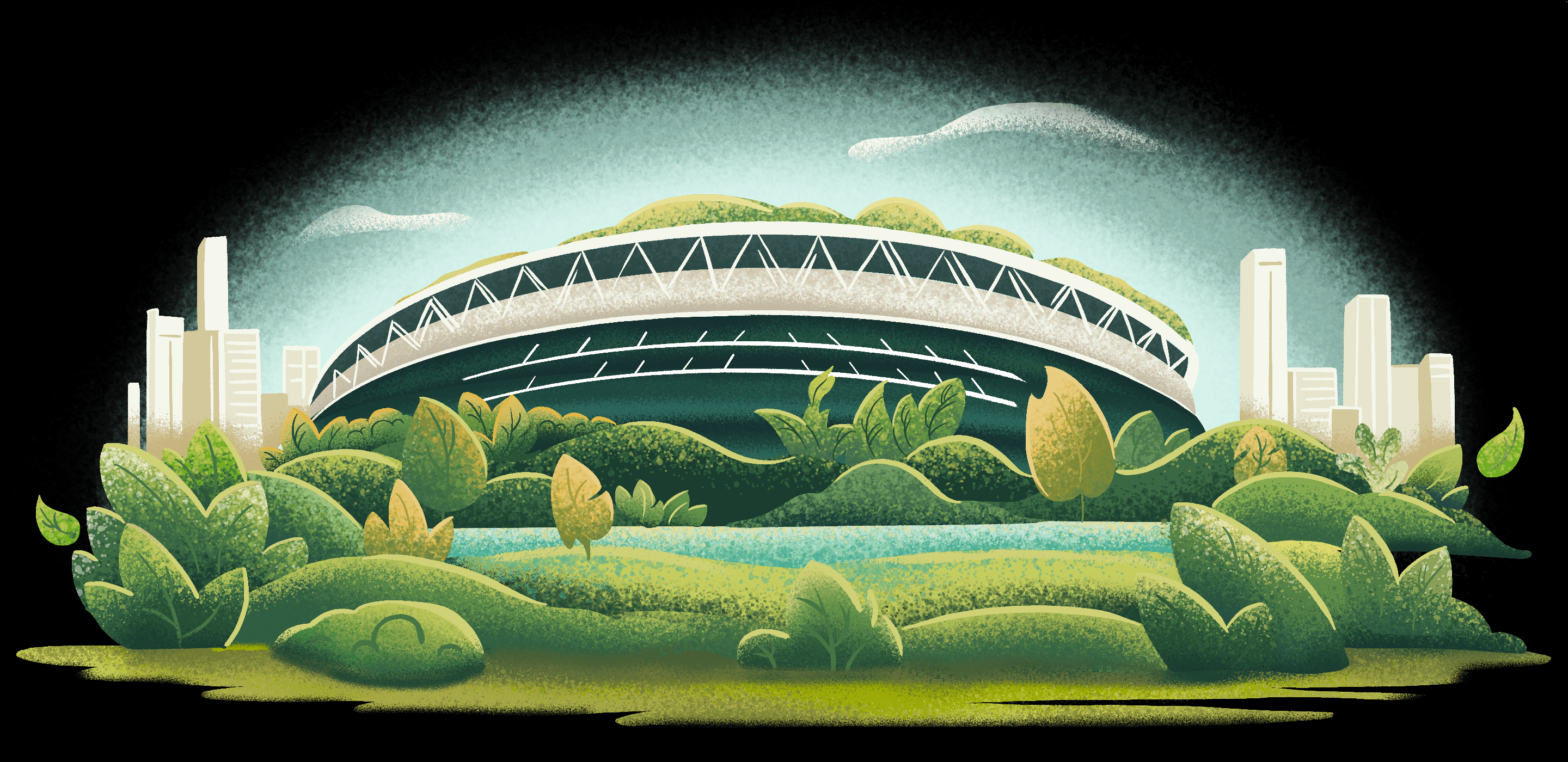 Illustration depicting a sustainably designed stadium / sports arena / entertainment venue