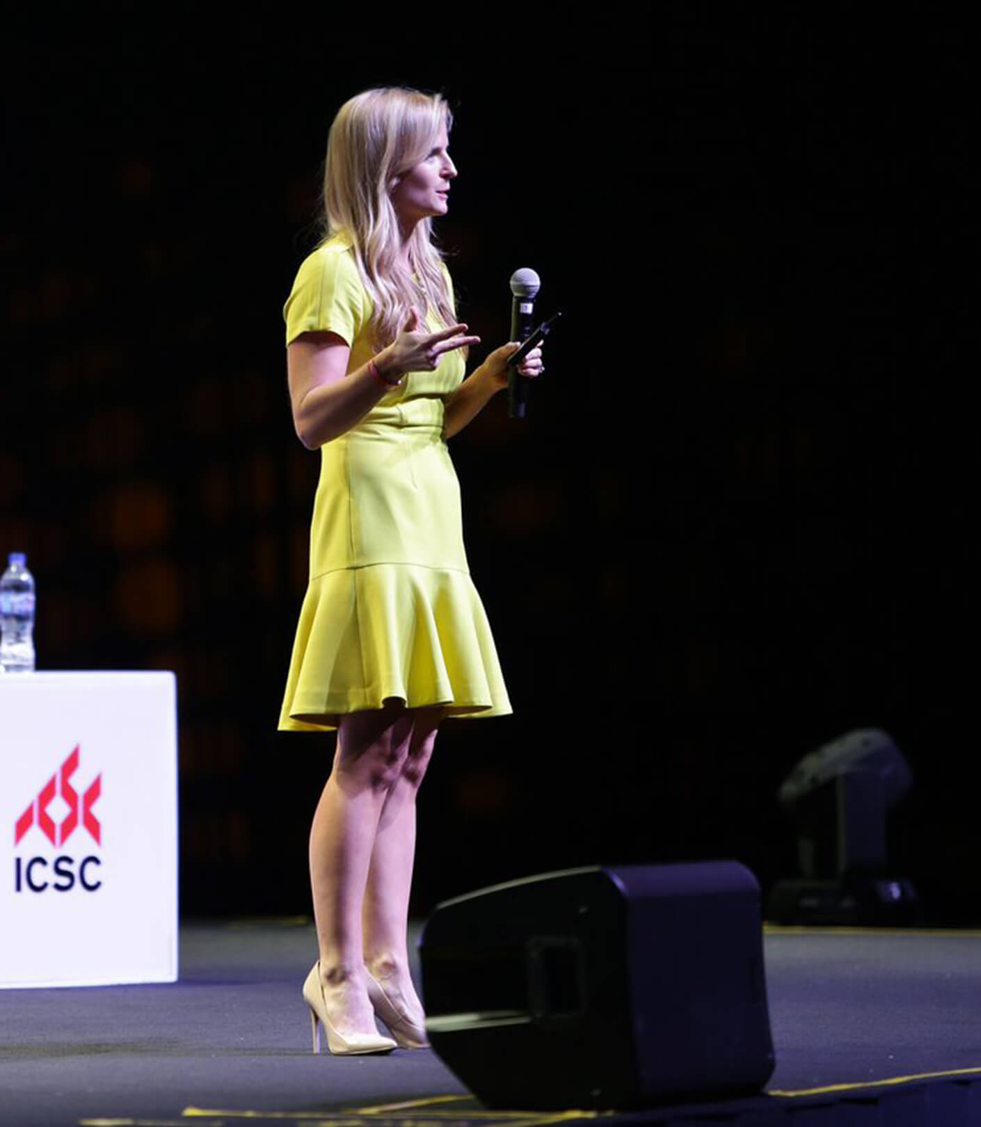 Sarah speaks on stage at a large conference