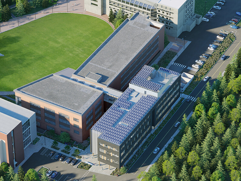 A bird's eye render of the exterior of the building, showing how it fit in to the surrounding campus buildings and greenspace.