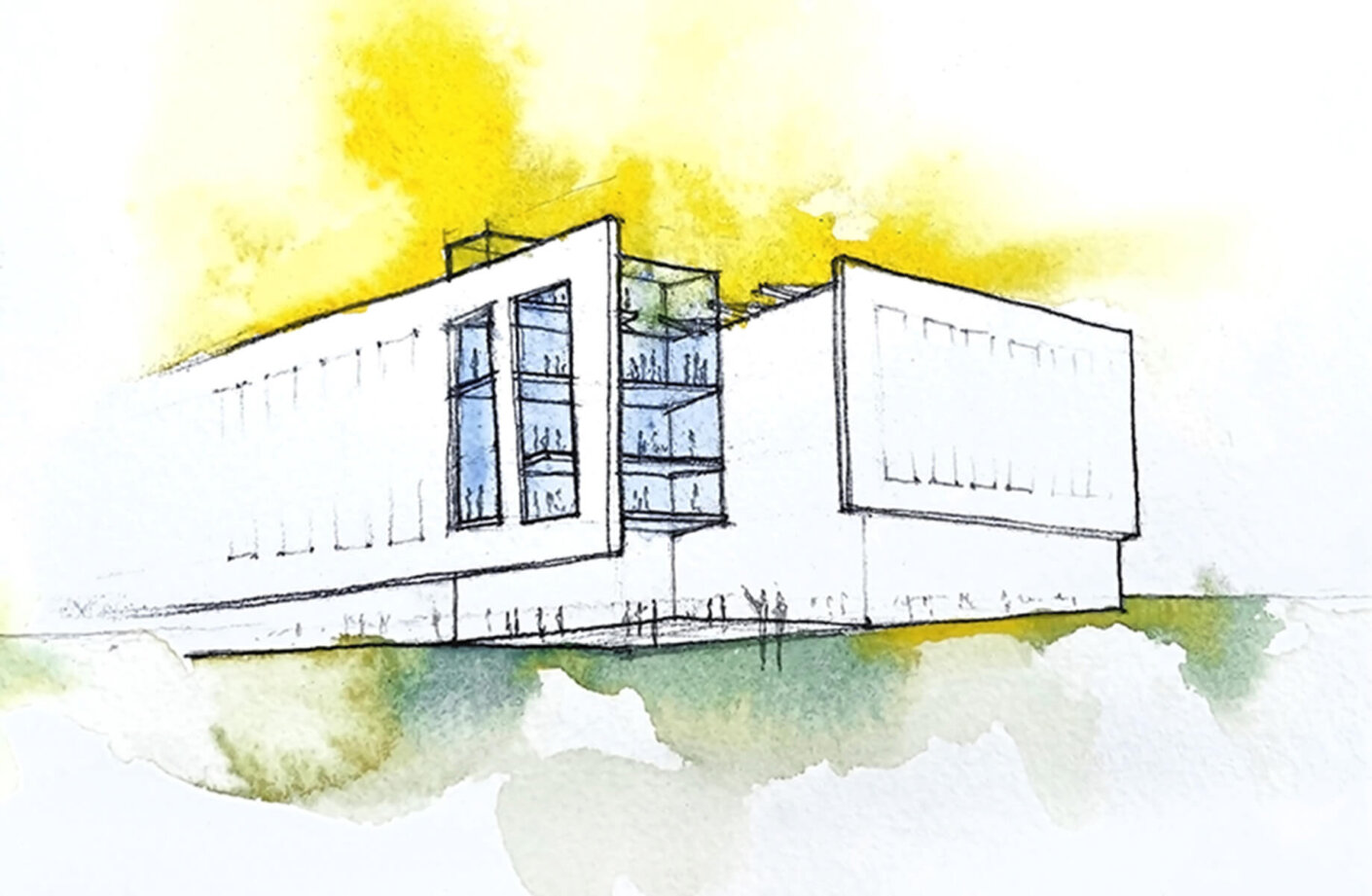 A watercolor sketch of the building's exterior.