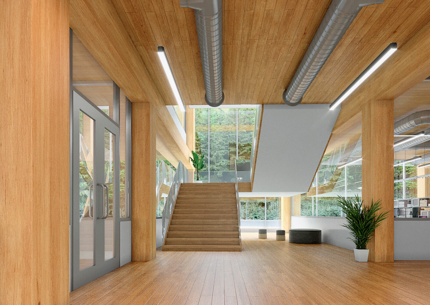 A modern room, covered in warm-toned wood, with a glass enclosed atrium and staircase on the other end.