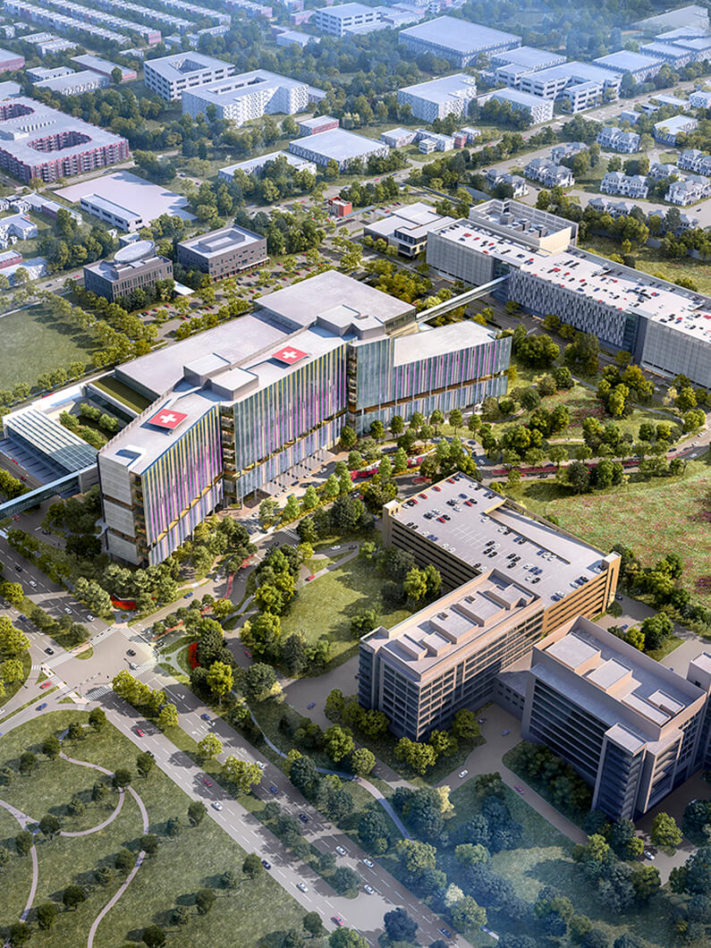 A rendered aerial shot of the new campus