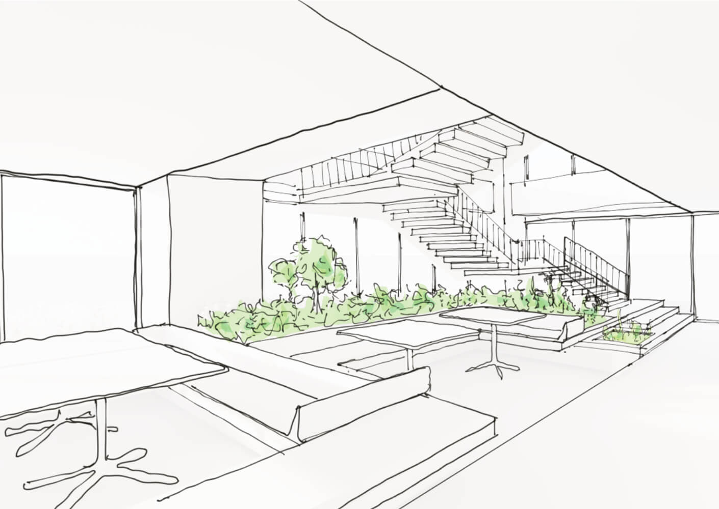 a sketch of a staircase with surrounding plants