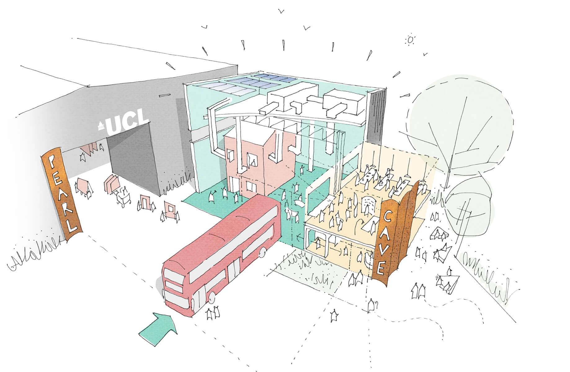Sketch of building with people inside