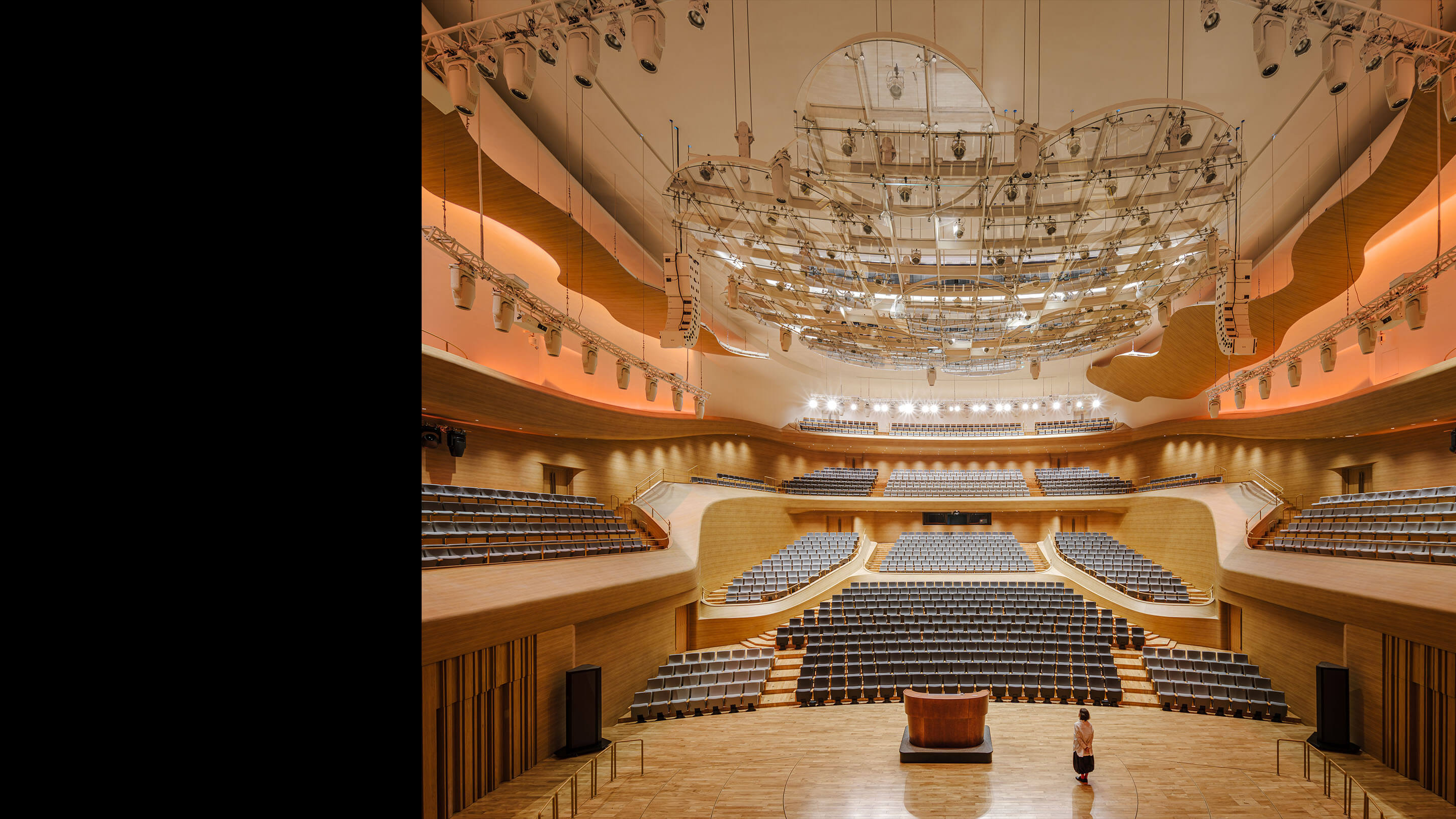 Concert hall interior, view of seats from stage