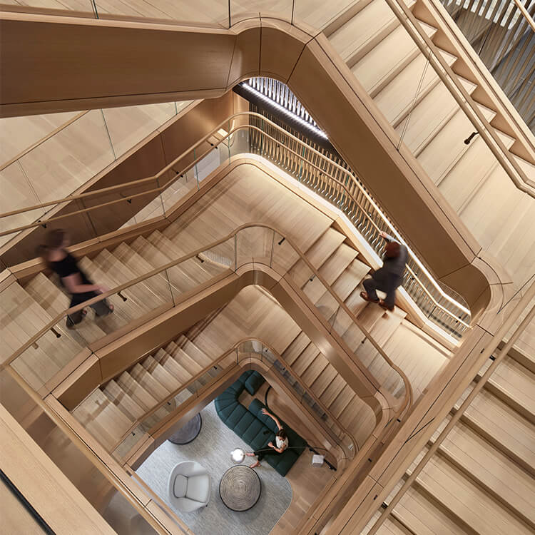 Aerial view of tall wood staircase