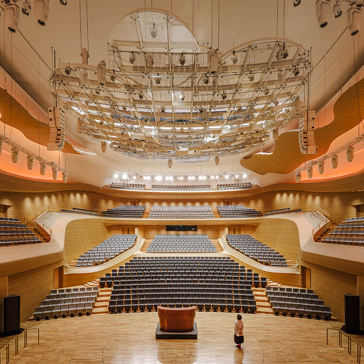 Concert hall interior, view of seats from stage