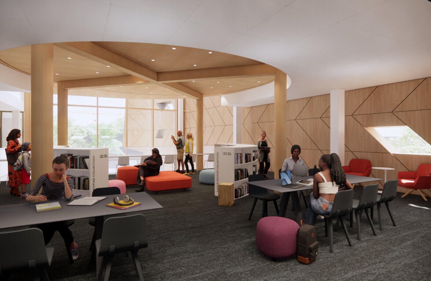 Rendering of Dawes Road Library three-storey lobby and event space.