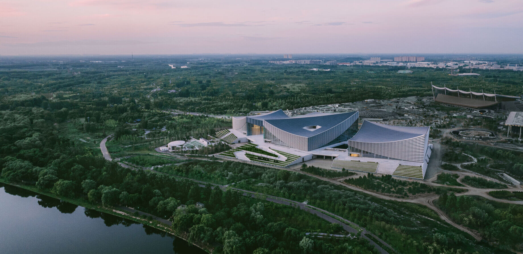 Aerial view of exterior of performing arts complex