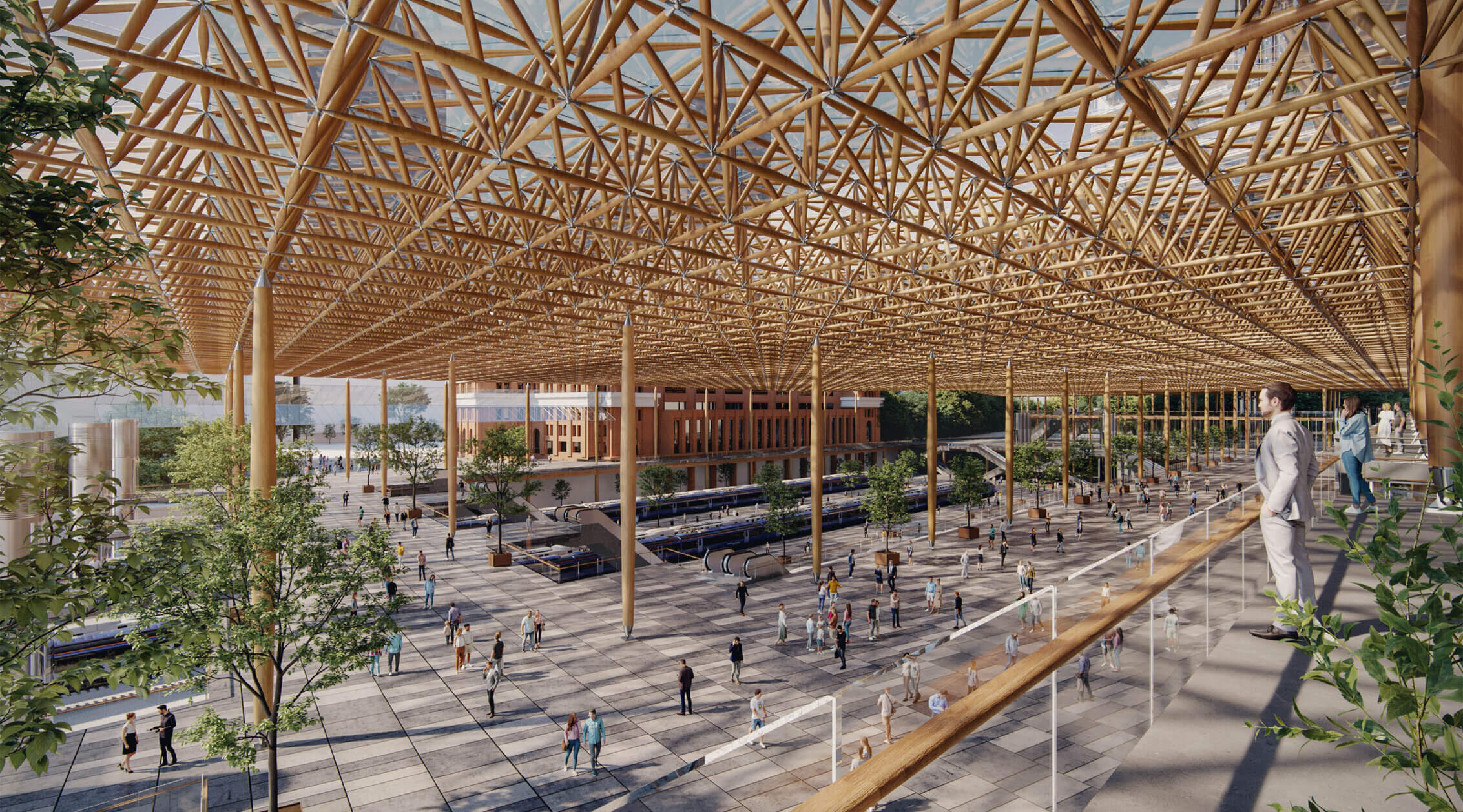 Wooden canopy over a rail station concourse