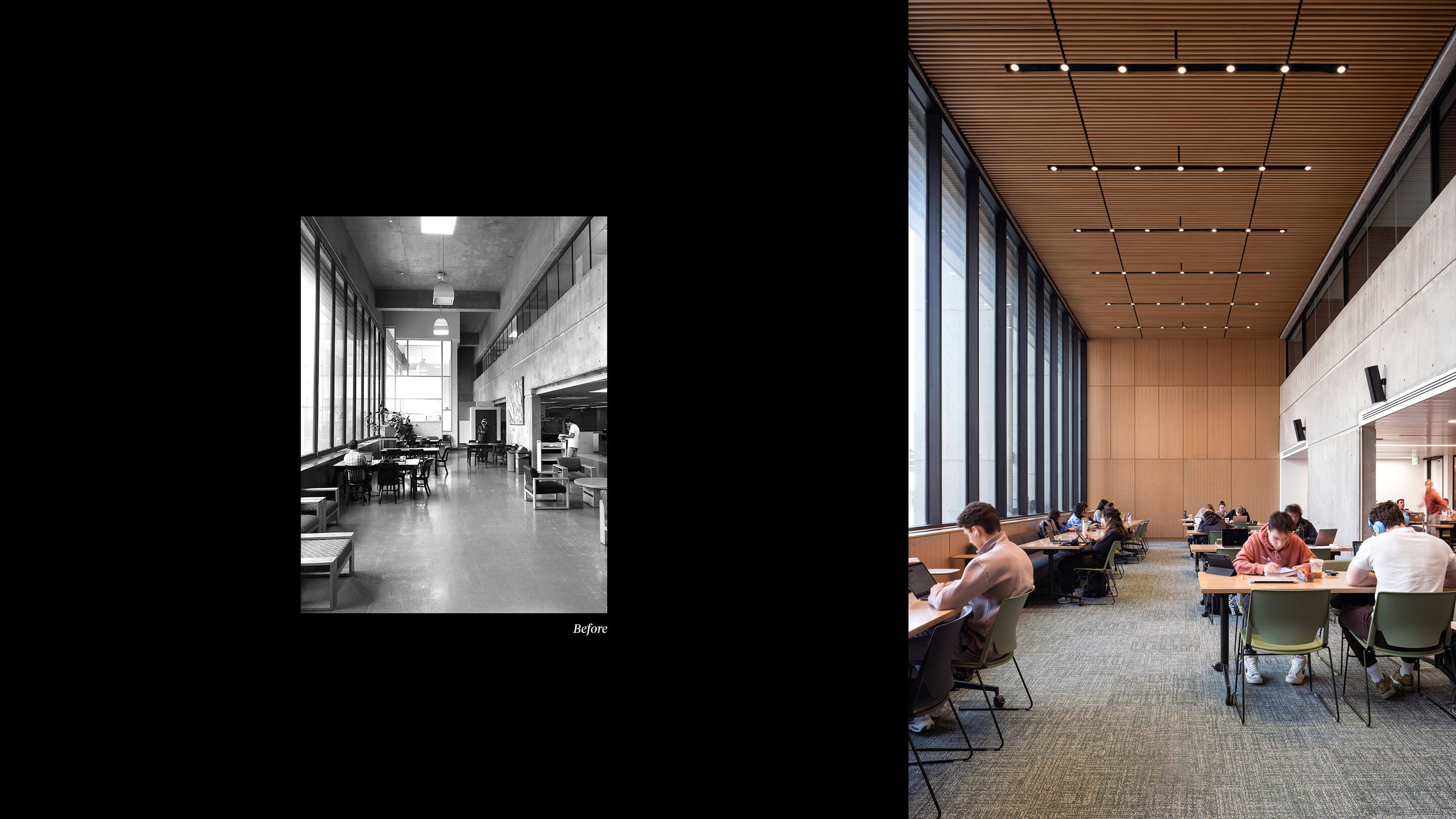 Before and after of open study area with wood ceiling and floor to ceiling windows