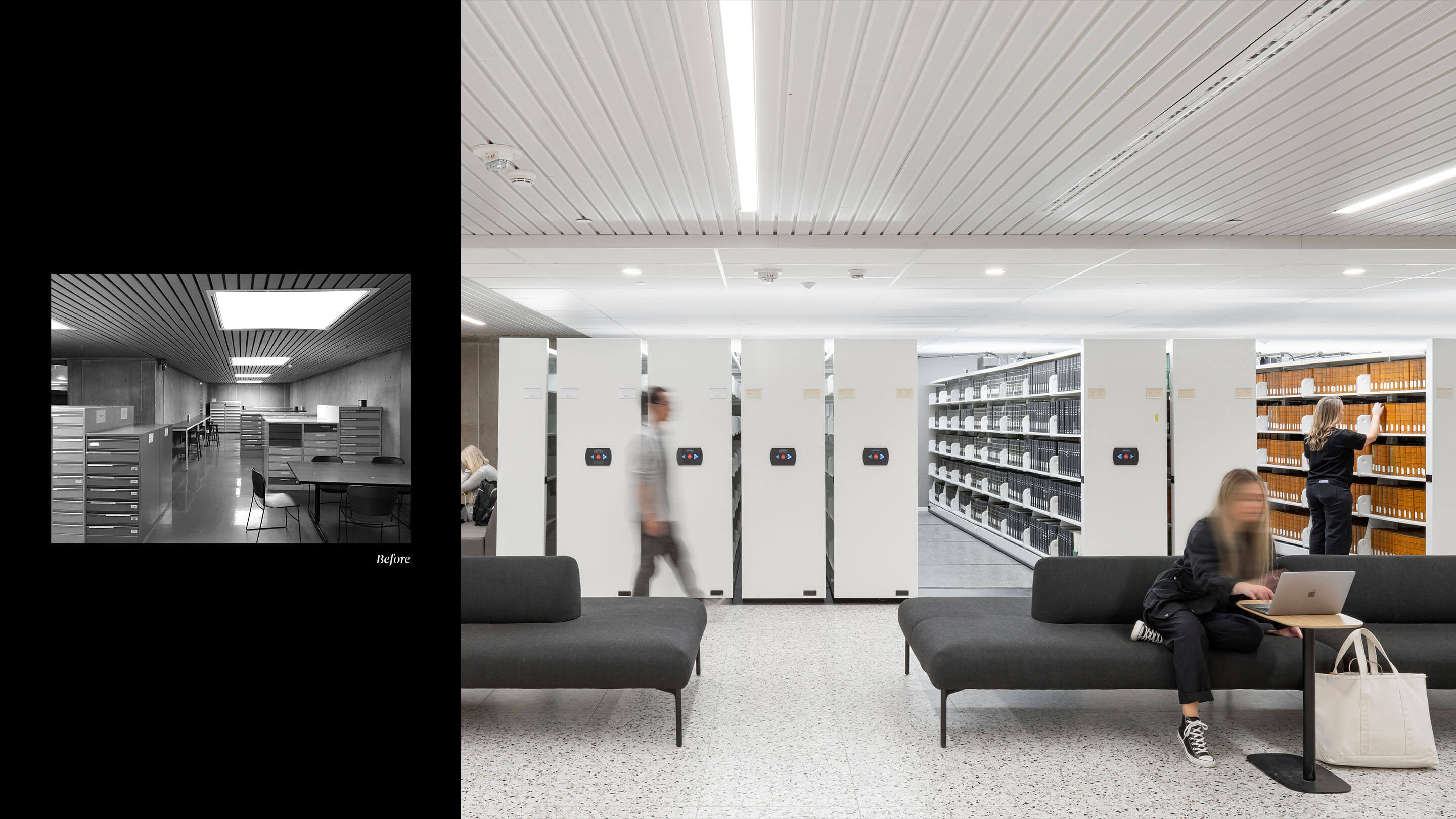 Before and after of book shelving. People sitting in front of shelves.