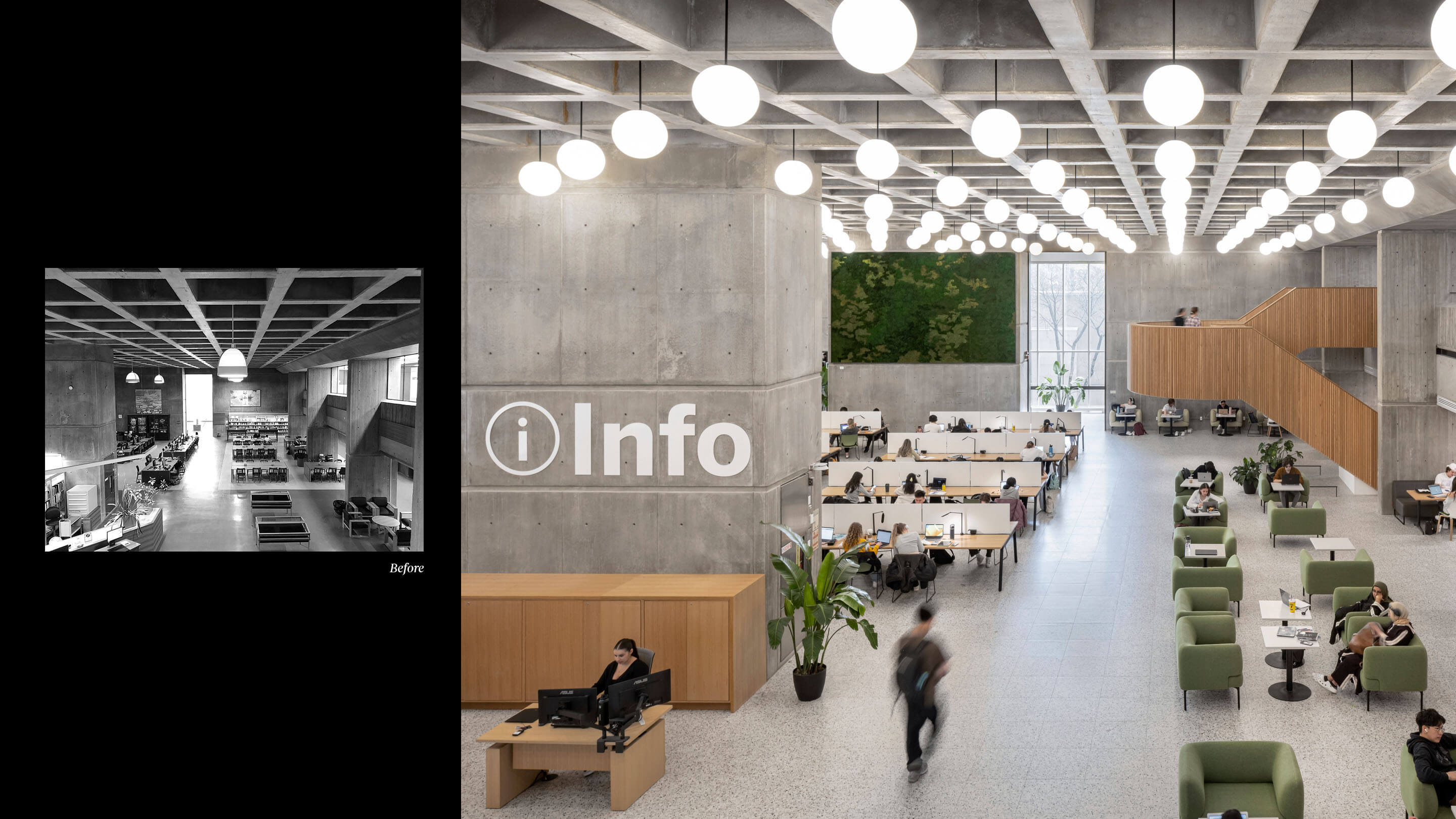 Before and after of library info desk and surrounding seating area