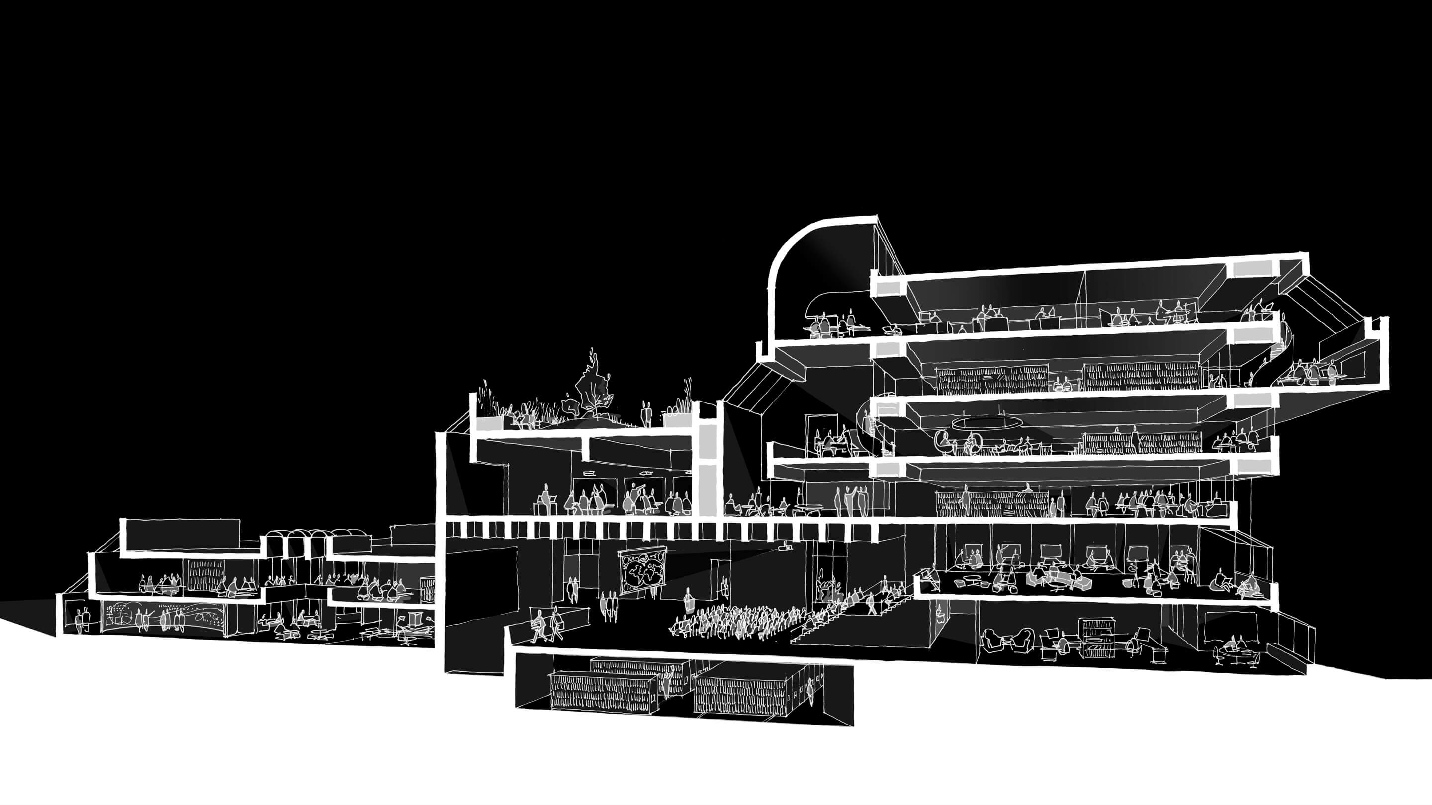 Dollhouse view sketch of library