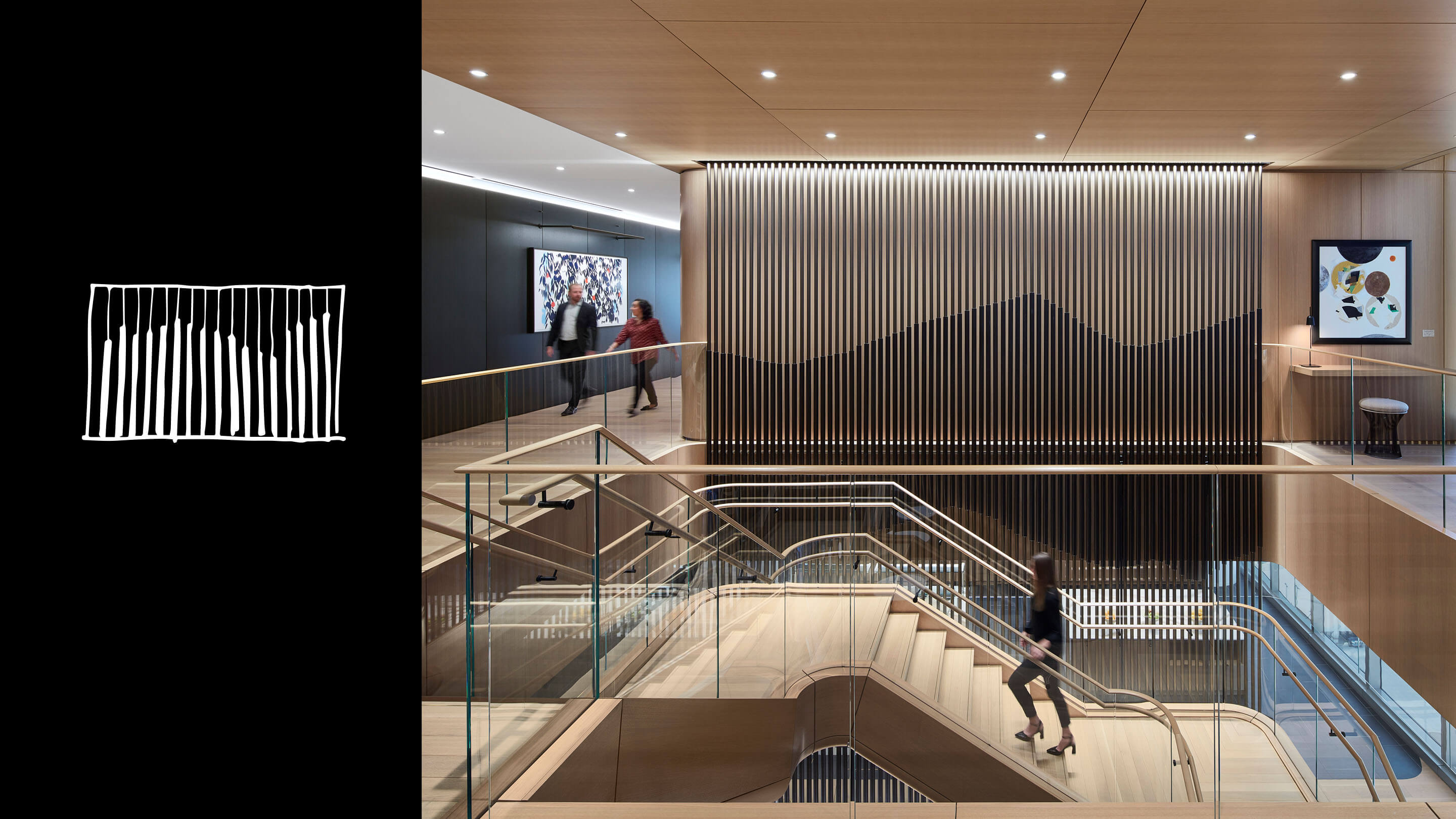 Sketch of wall design next to photo of completed wall in corporate office. People walking down hall and climbing staircase