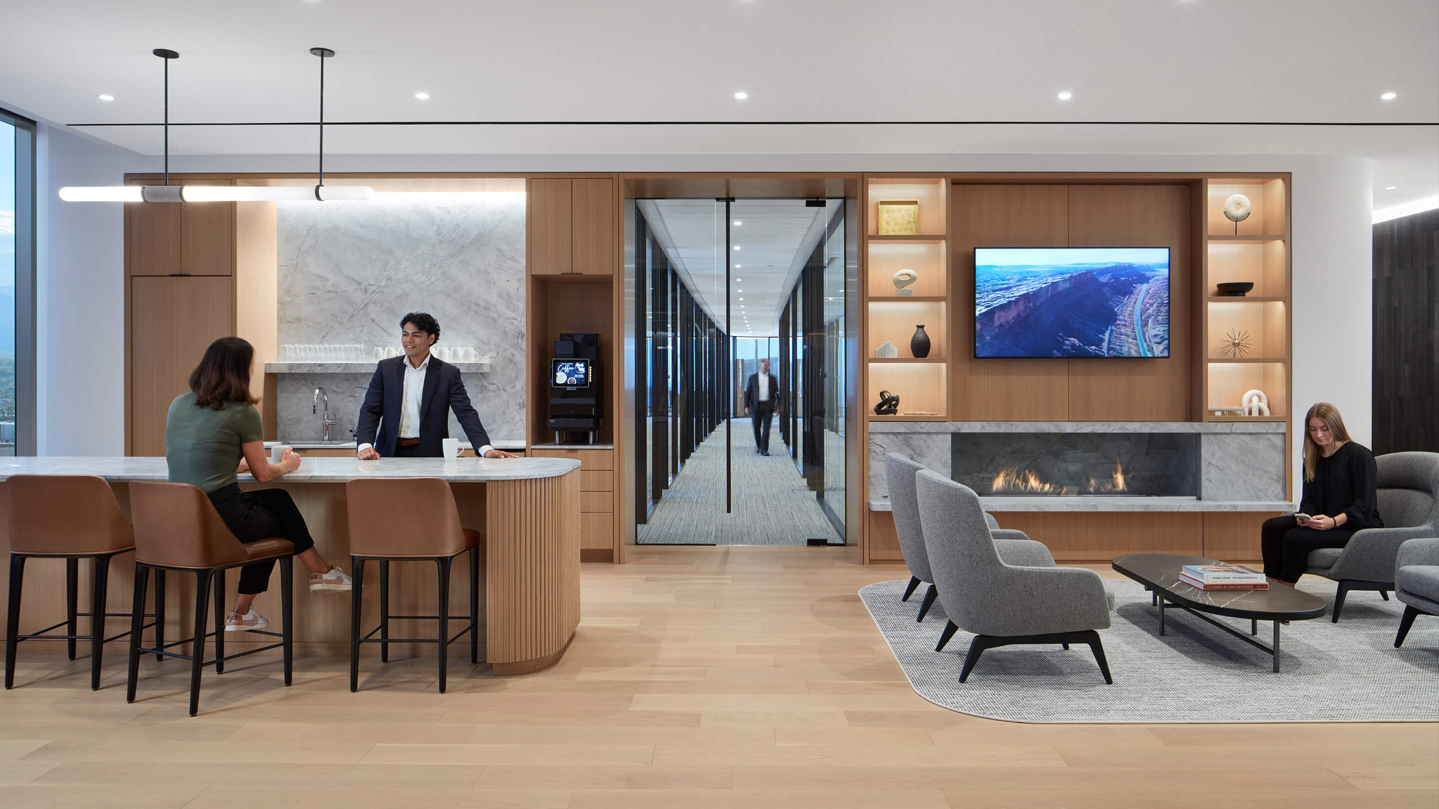 Corporate office interior with kitchen and seating area