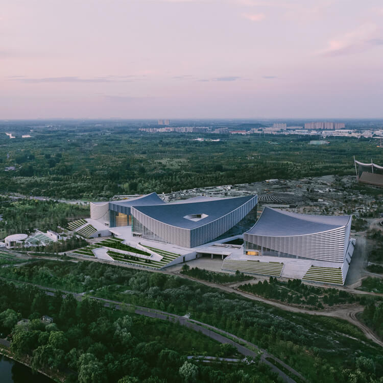 Aerial view of exterior of performing arts complex