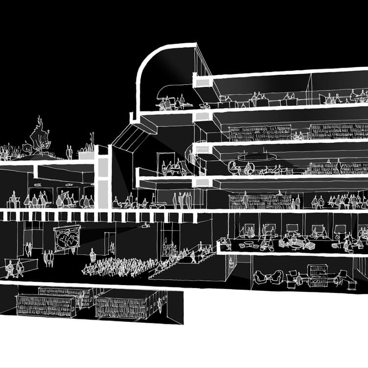 Dollhouse view sketch of library