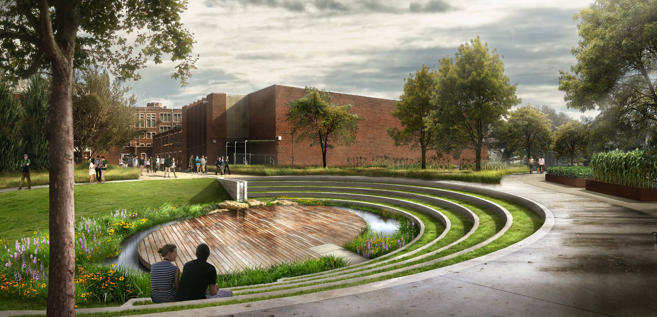 A rendering of people sitting around a small body of water in an Oklahoma City neighborhood.