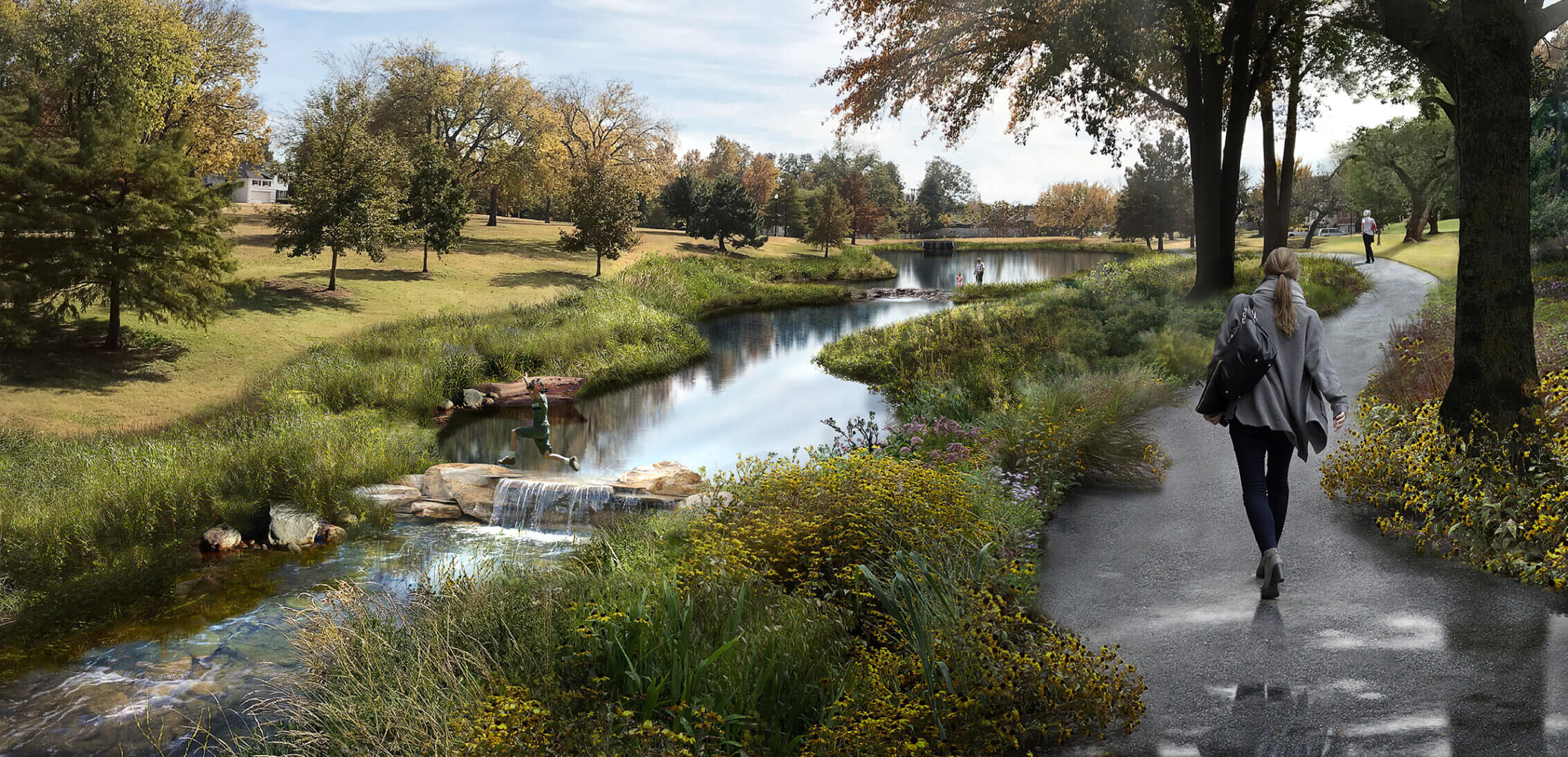 Rendering of a person walking on a path next to a small stream.