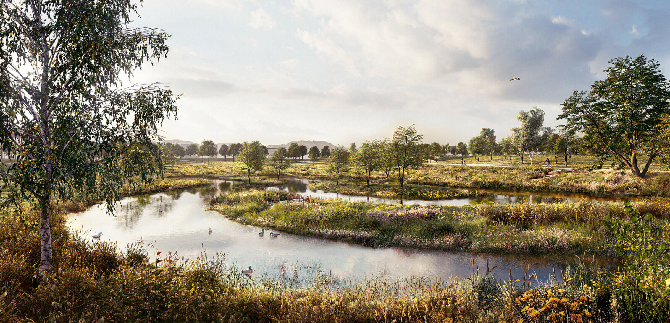 Rendering of a landscape with a pond at Redtail Ridge.