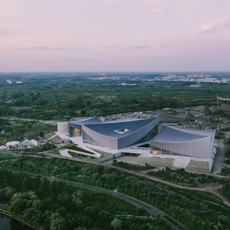 Aerial view of exterior of performing arts complex