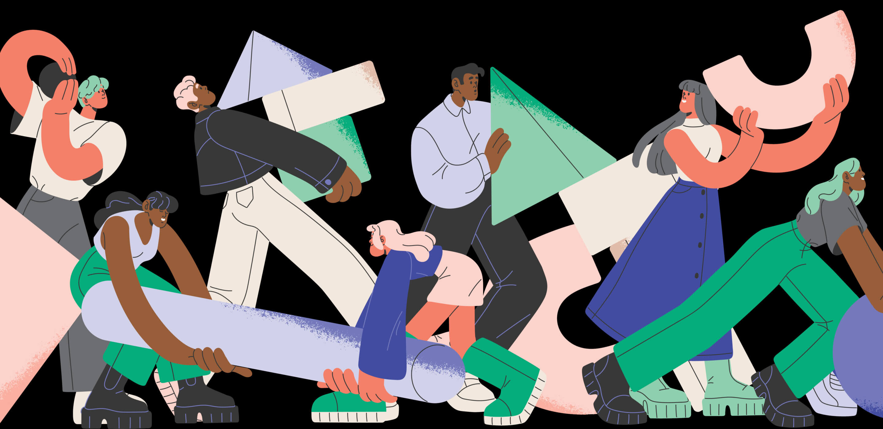 Illustration of people moving abstract objects together.