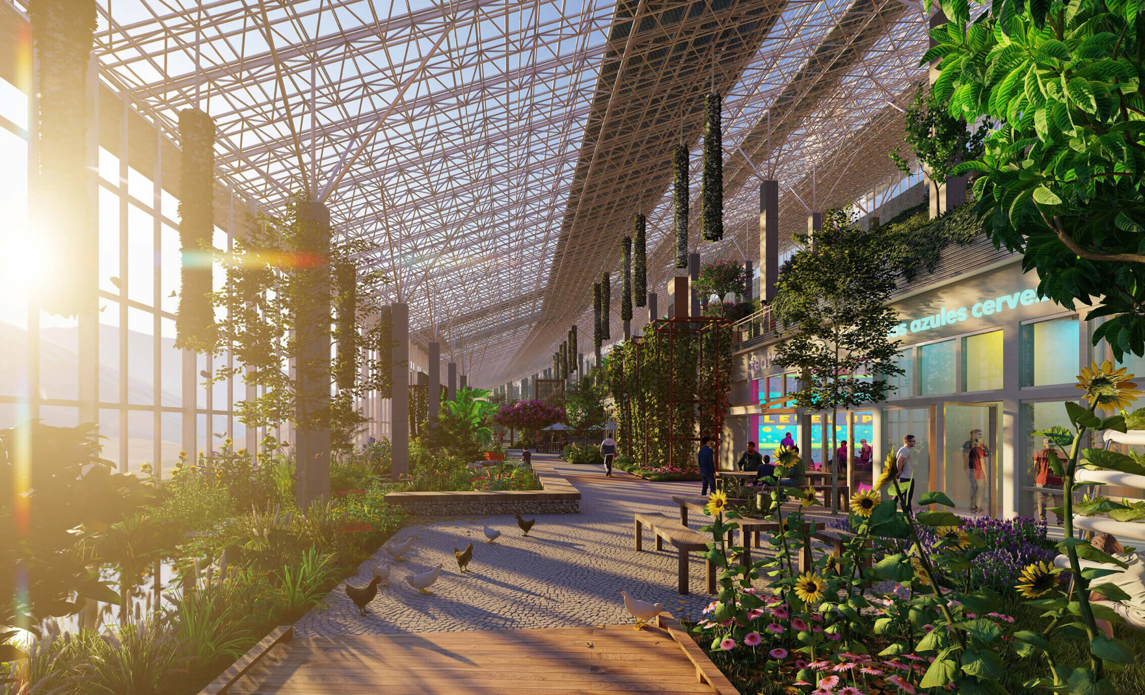 Rendering of the interior worker's camp space, filled with shops and vegetation among the walking path