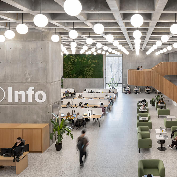 Library info desk and surrounding seating area