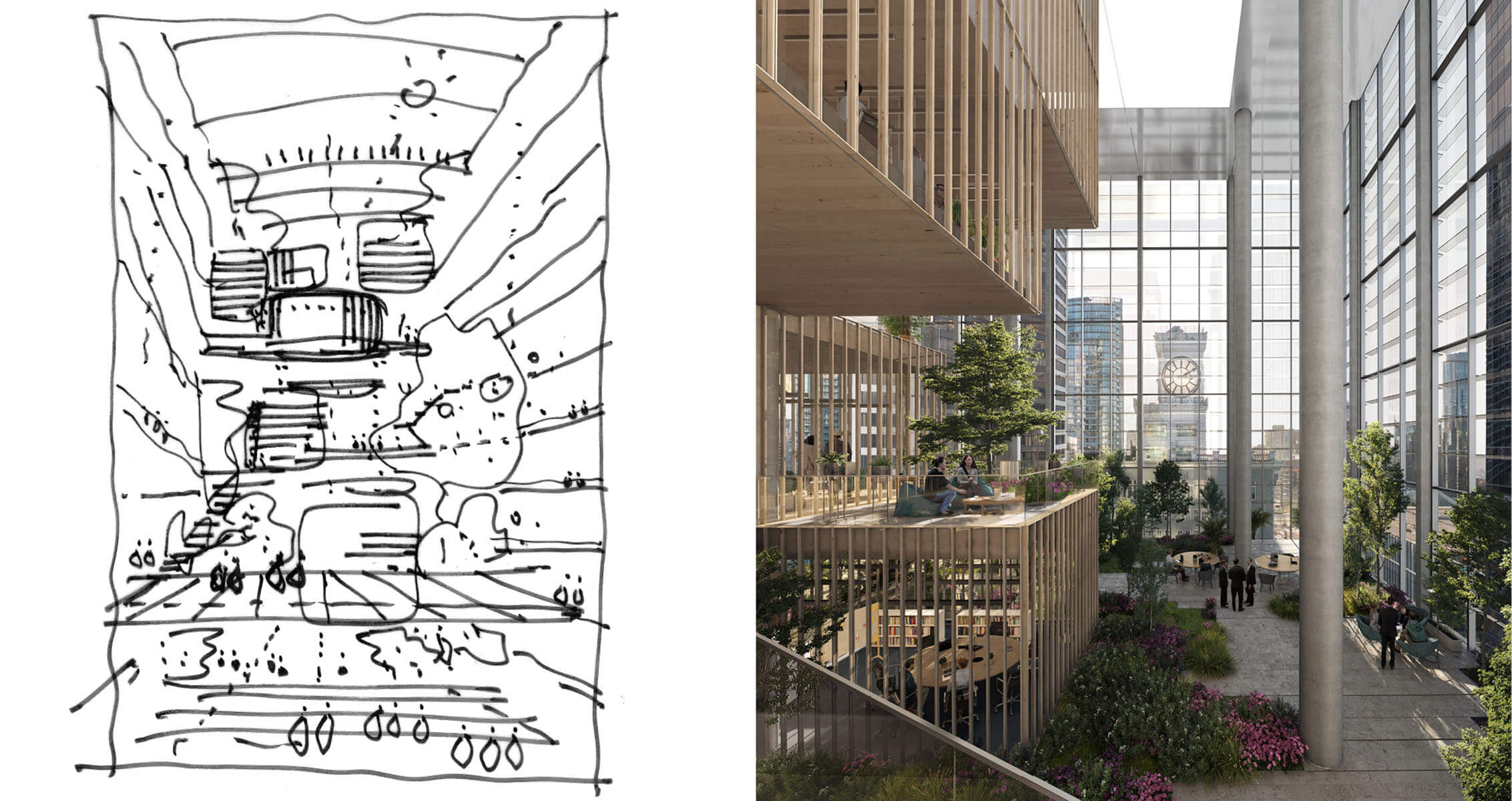 A concept sketch alongside the completed project photo