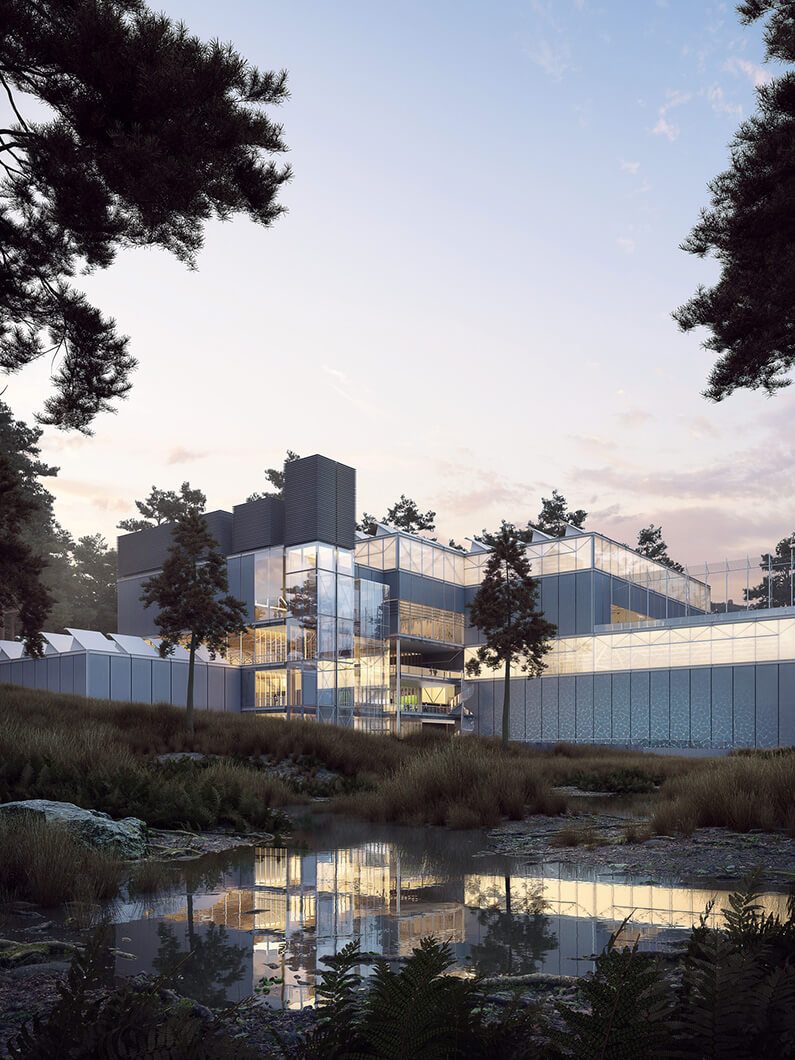 A building with stacked, white volumes at dusk