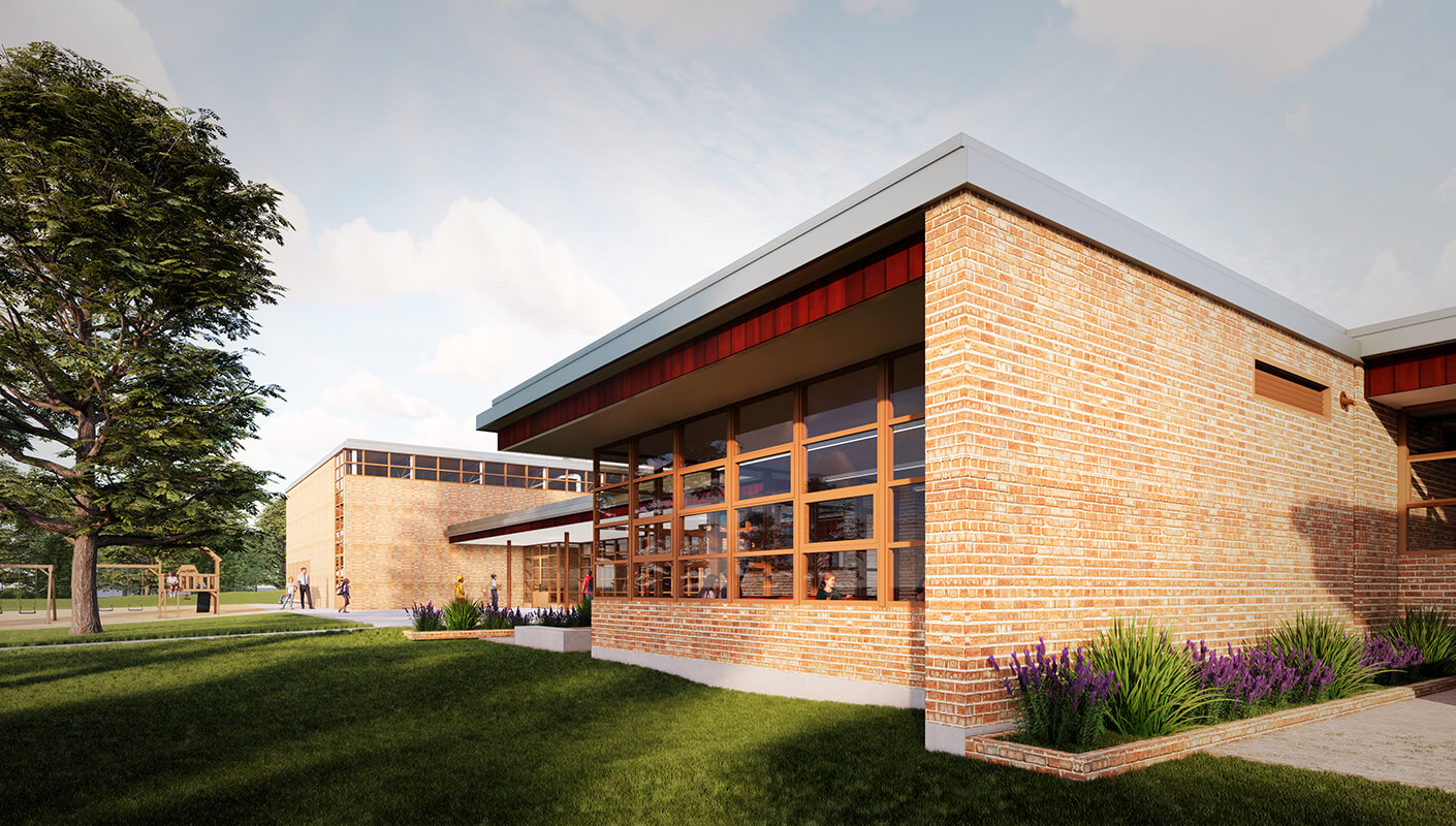 Artistic depiction of an exterior of a brick classroom