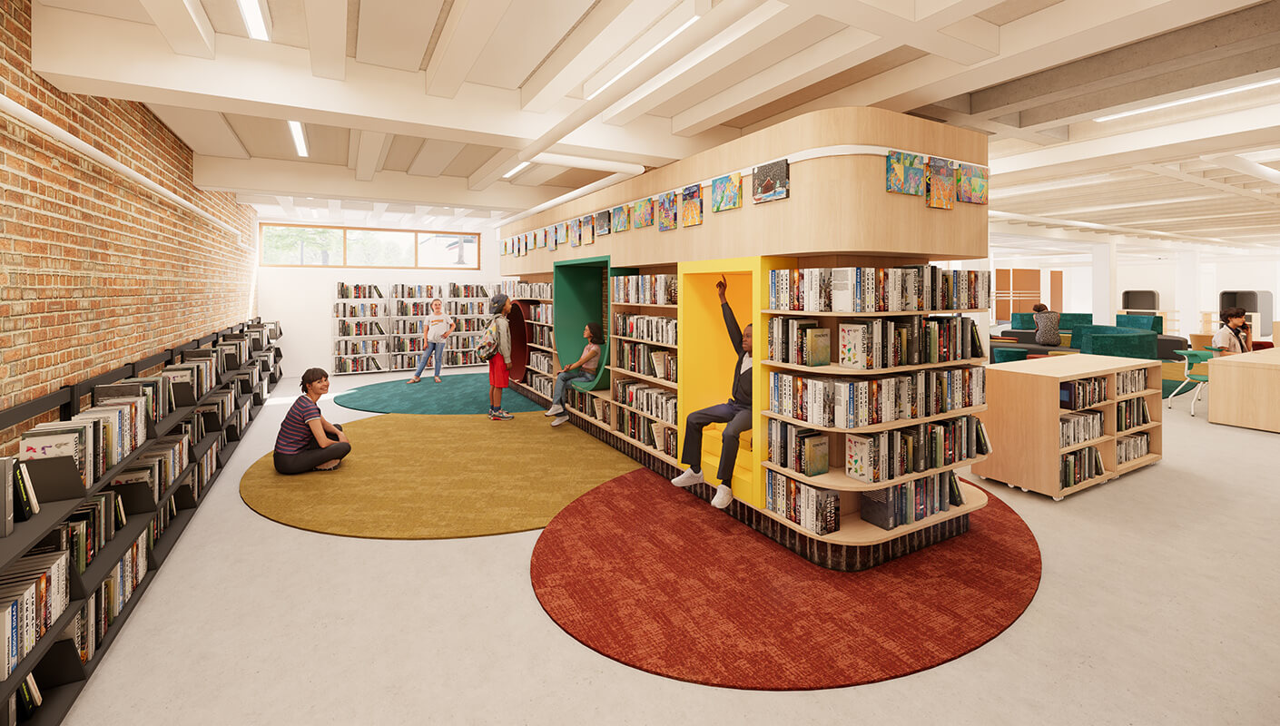 Artistic depiction of children sitting in a media center