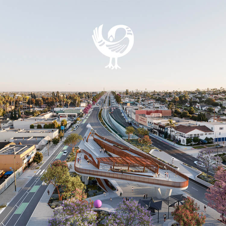 A composite image with an illustration of the Sankofa bird and an aerial rendering of the park.