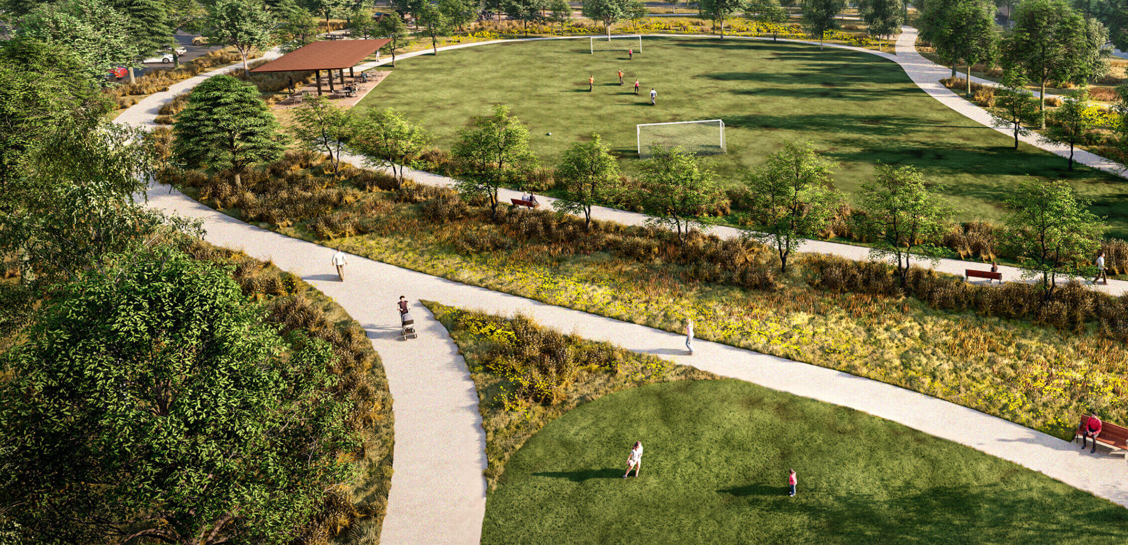 Aerial shot of walking path at Redtail Ridge.